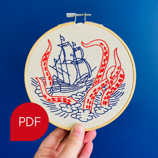 Kraken and Ship Embroidery PDF Download - English and French