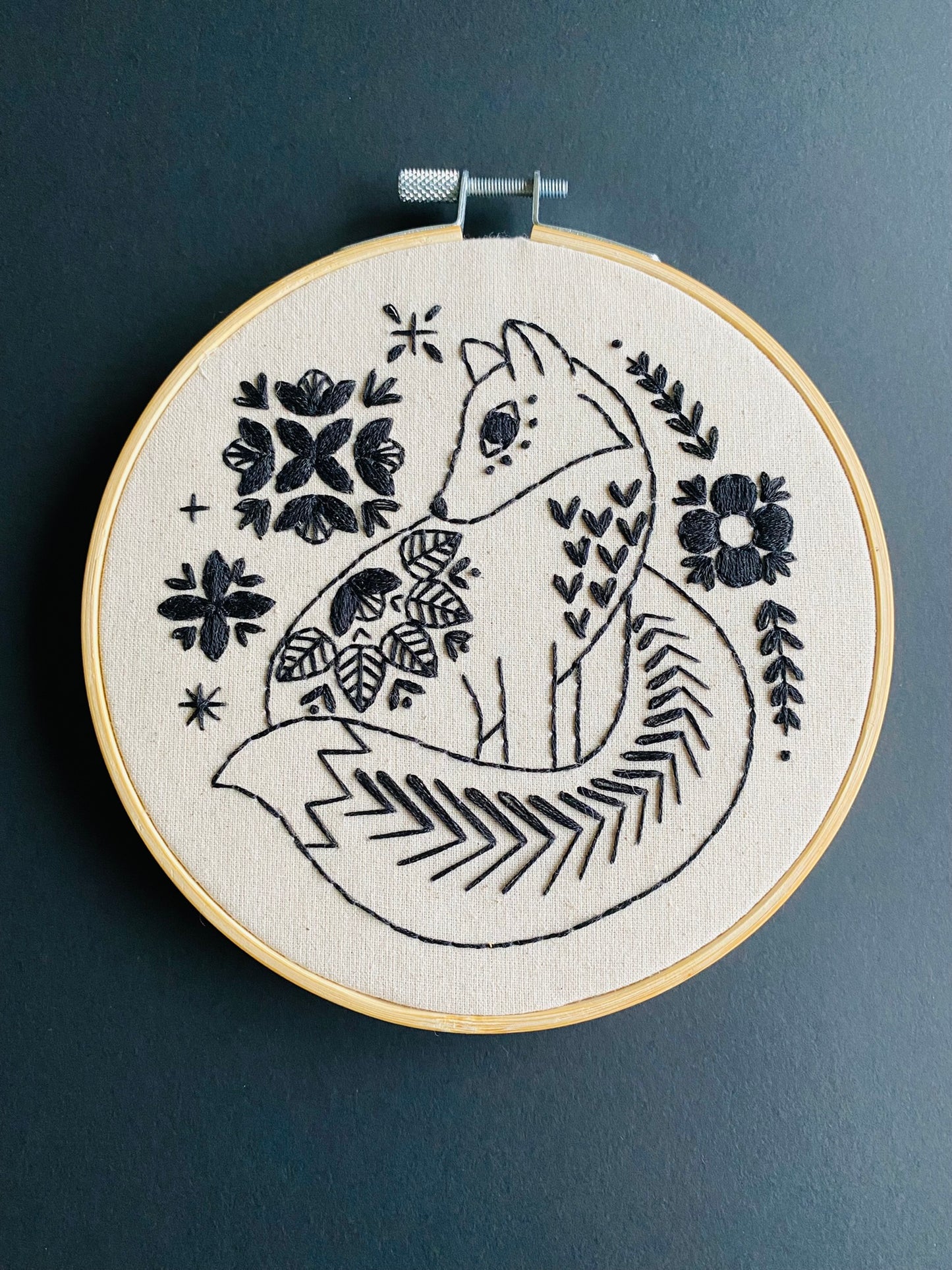 Folk Fox Complete Embroidery Kit - Black
