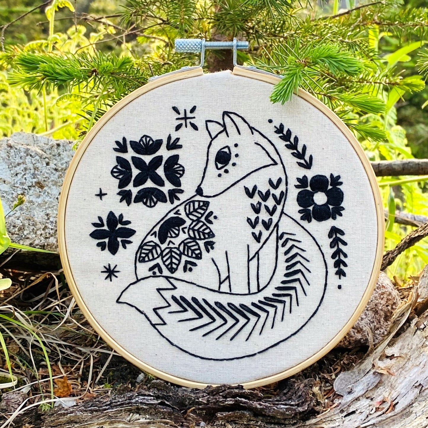 Folk Fox Complete Embroidery Kit - Black