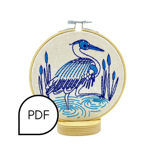 Blue Heron Embroidery PDF Download - English and French