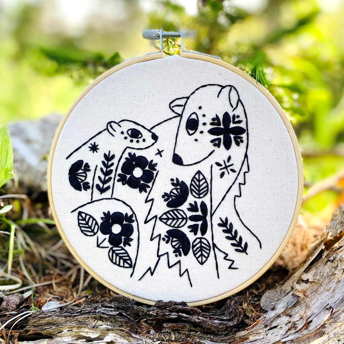 Folk Polar Bears Complete Embroidery Kit - Black